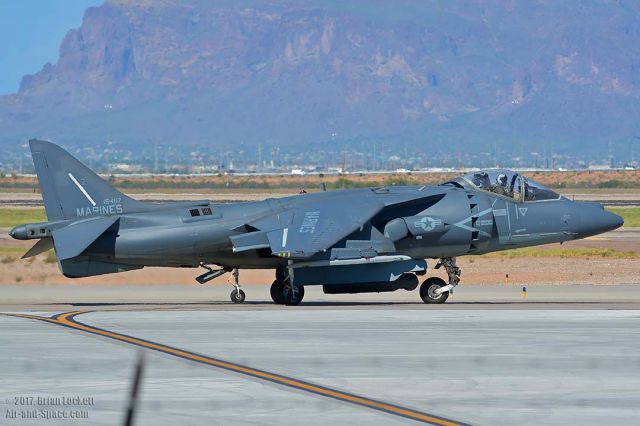 16-4117 — - Marine Corps McDonnell-Douglas AV-8B Harrier BuNo 164117 of VMA-214 Black Sheep based at Marine Corps Air Station Yuma at Phoenix-Mesa Gateway Airport on August 27, 2017. It is powered by a 23,500 lbf Rolls-Royce F402-RR-408 (Mk 107) vectored-thrust turbofan.