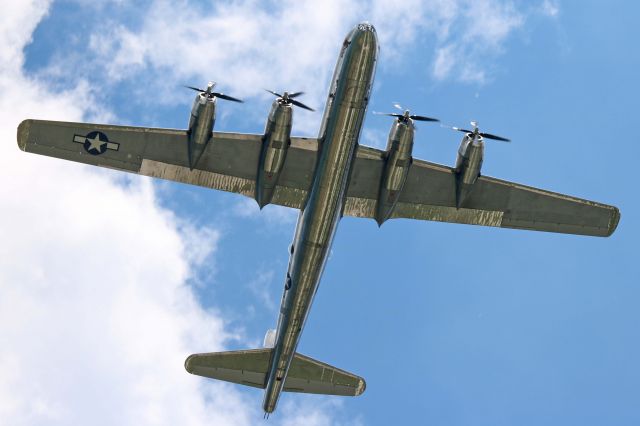 Boeing B-29 Superfortress (N69972) - Doc, the newly restored Boeing B-29 Superfortress, on a low pass over Burke Lakefront Airport, Cleveland, OH on 31 May 2018.