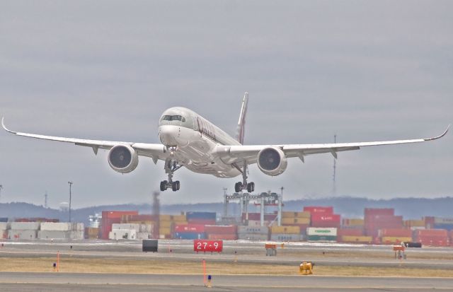 Airbus A350-900 (A7-ALF) - Inaugural arrival of Qatar Airways to Boston Logan March 16th,2016 Non stop from DOHAbr /check out the snowy owl on the PAPI for 04R.....best seat in the house !