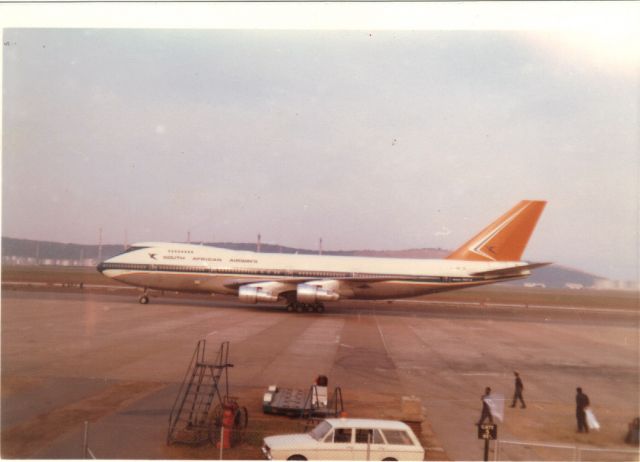 Boeing 747-200 (ZS-SAL) - My dad took this picture at Louis Botha Airport in Durban, South Africa in the late 1960s. This was the first ever landing of a Boeing 747 at that airport and the picture was taken as the aircraft came to a stop at its designated parking spot.