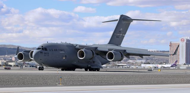 Boeing Globemaster III (93-0603) - Arriving in the noon hour from Colorado Springs, this C-17A Globemaster (93-0603, 445th Airlift Wing, Wright Patterson AFB, OH) is a heartbeat away from putting the nose gear rubber down on Runway 16L.