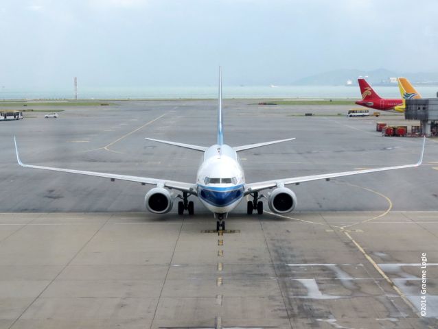 Boeing 737-700 (B-5069) - Standing inside the terminal at HKG as this China Southern 737-71B approaches the gate. I enjoy this head-on picture as it shows off the wingspan and the relative distances between the engines, the landing gear and the wing tips. 