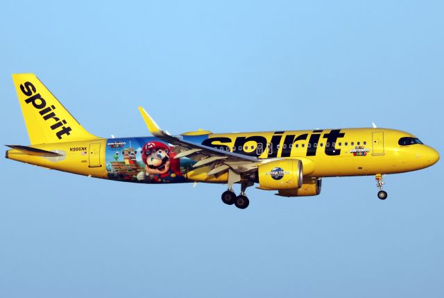 Airbus A320neo (N986NK) - Spirit arriving to BOS in special Super Nintendo World livery. 