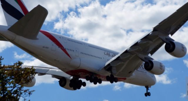 — — - photo of AIRBUS 380  at HATTON CROSS  by LONDON heathrow airport   Aug. 11th 2013  EMIRATES   ( UAE  at EGLL  LHR )