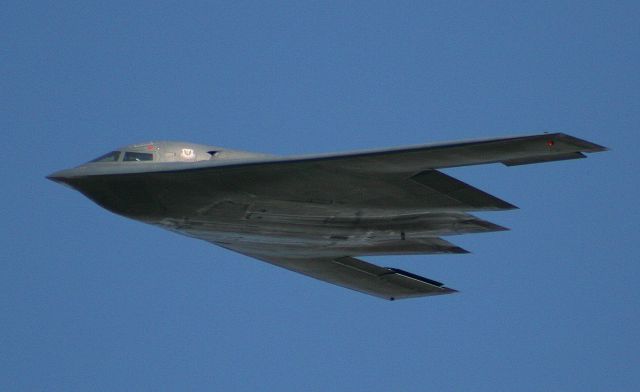 — — - Close-up of a B-2A Spirit of Nebraska from the 393d BS overflying her home at Whiteman AFB.