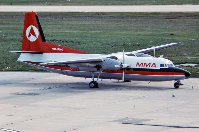 North American Trojan (VH-FNO) - ANSETT AIRLINES OF AUSTRALIA (MMA) - FOKKER F-27-400 FRIENDSHIP - REG : VH-FNO (CN 10304) - TULLAMARINE MELBOURNE VIC. AUSTRALIA - YMML (20/5/1978) 35MM SLIDE SCANNED AT 6400 DPI.