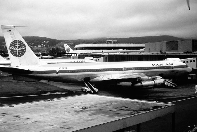 Boeing 707-300 (N762PA) - KSFO - thrift store find - unknown photographer - found several Pan American color slides - converted to B&W due to lame skills by me. Clipper Endeavor at the gate at SFO this probably taken mid to late 1970s.