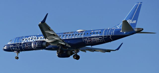 Embraer ERJ-190 (N304JB) - Here is the JetBlue E190 special livery named "Blueprint" (N304JB) landing on runway 27.