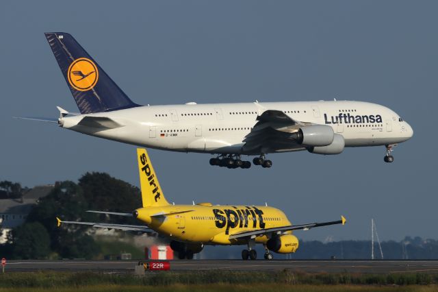 Airbus A380-800 (D-AIMM) - Lufthansa 8 Papa Super landing runway 22L, as a Spirit A320 is lining up on on runway 22R