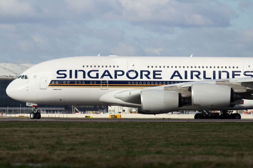 Airbus A380-800 (9V-SKR) - Lining up, runway 027L, LHR.