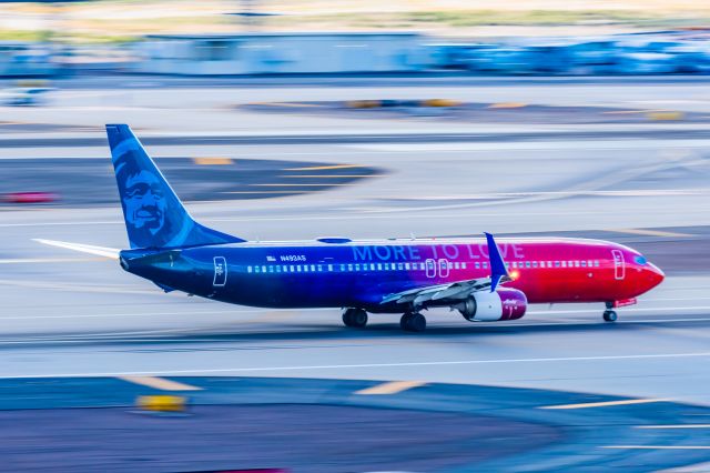 Boeing 737-900 (N493AS) - An Alaska Airlines 737-900 in More to Love special livery taking off from PHX on 2/28/23. Taken with a Canon R7 and Canon EF 100-400 L ii lens.