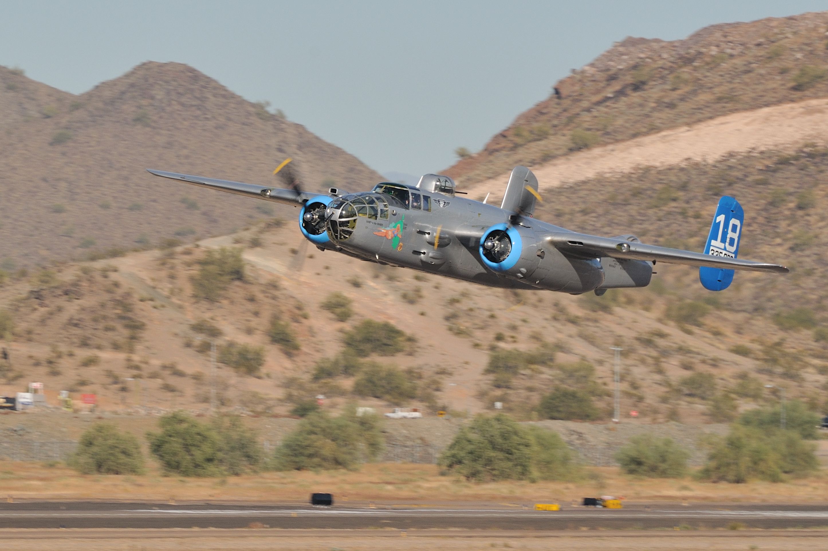 North American TB-25 Mitchell (N125AZ) - B-25J "Made In The Shade" making a low pass at Deer Valley Airport, AZ.  "Made In The Shade" belongs to the AZ wing of the Commemorative Air Force.  Shot on 11/16/10.