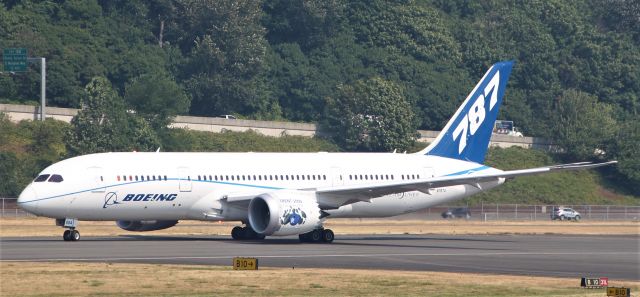 Boeing 787-8 (N7874) - This photo was taken on 8/2/17 at Boeing Field.It was shot on the take off roll of the flight that drew the 787 self portrait on an 18 hour flight over the United States. I did not know this at the time of taking the photo.