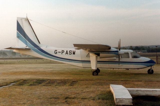 ROMAERO Islander (G-PASW) - Seen here in May-90.  Transferred to Israel 19-Jul-91 as 4X-CAH then became HH-JEC.