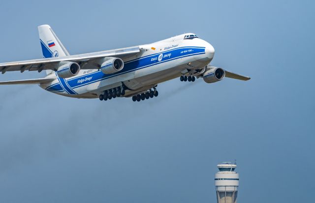 Antonov An-12 (RA-82047) - Ruslan soaring over the control tower on its way to Anchorage.