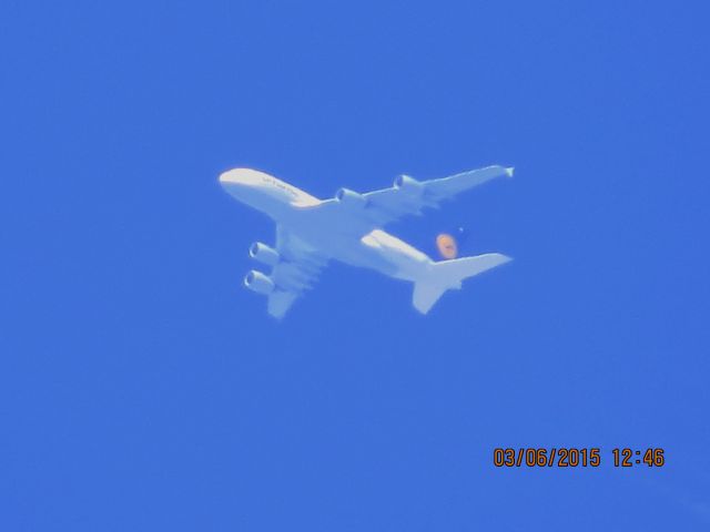 Airbus A380-800 (D-AIMB) - Lufthansa flight 440 from Frankfurt to Houston over Tulsa Oklahoma at 38,000 feet.