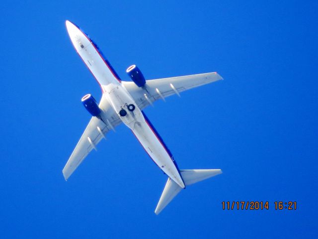 Boeing 737-800 (N813SY) - Sun Country Airlines flight 135 from Joplin Mo to Lawton Oklahoma over Baxter Springs Kansas 12,500 feet just after take off from Joplin Airport.