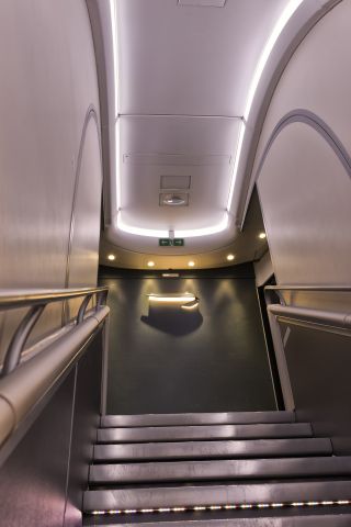 Airbus A380-800 (G-XLEI) - 14th Oct., 2016: Looking up at the forward cabin stairs to the upper deck on BAs A380 during the overnight flight from San Francisco to London Heathrow.