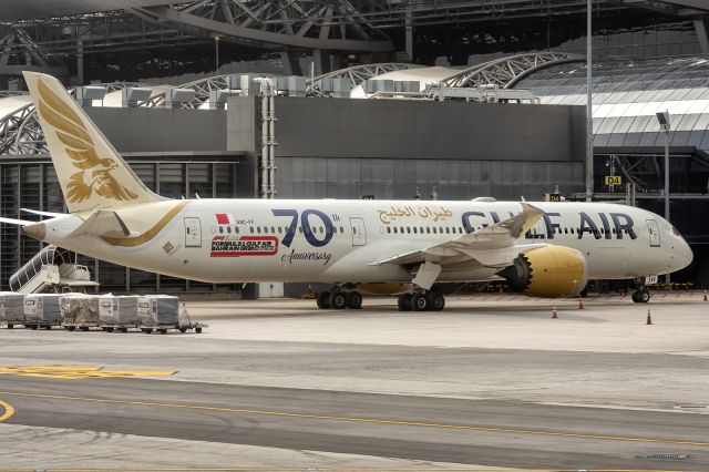 Boeing 787-9 Dreamliner (A9C-FF) - 2nd June., 2022: Parked at Gate D4 at Bangkok's Suvarnabhumi International Airport after operating as flight GF152 from Manama.