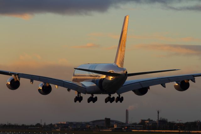 Airbus A380-800 — - Malaysian Airlines, A380-800 about to touch down on runway 027R at LHR.