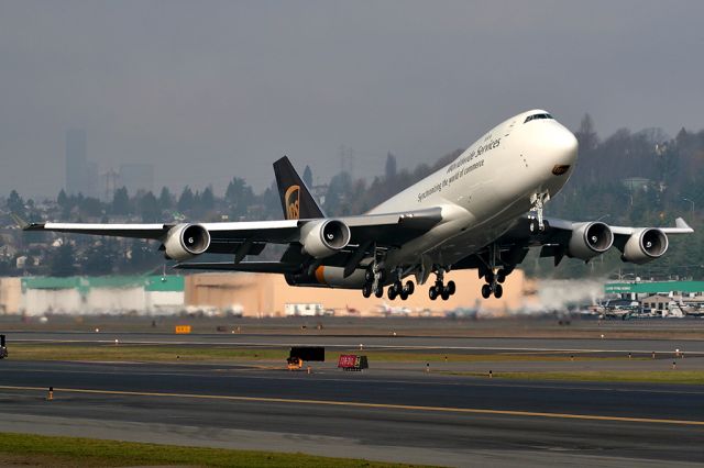 Boeing 747-400 (N577UP) - Departs Boeing Field on a pre-delivery test flight.