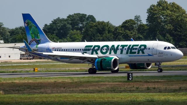 Airbus A320neo (N390FR) - A Frontier A320-251N slowing it down on Trenton's runway 24 from Raleigh-Durham.