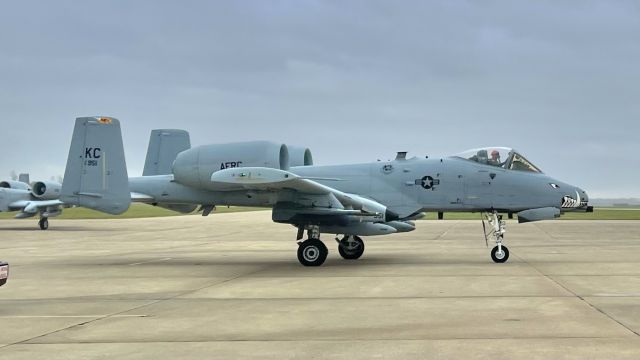 Fairchild-Republic Thunderbolt 2 (N81951) - A pair of A10’s from Whiteman AFB  pulling up to Hoosier Aviation for fuel after performing a flyover at the Indiana State football game. 