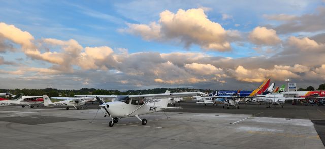 Cessna Skyhawk (N129K) - Sunset over the Rainier Flight Services fleet.