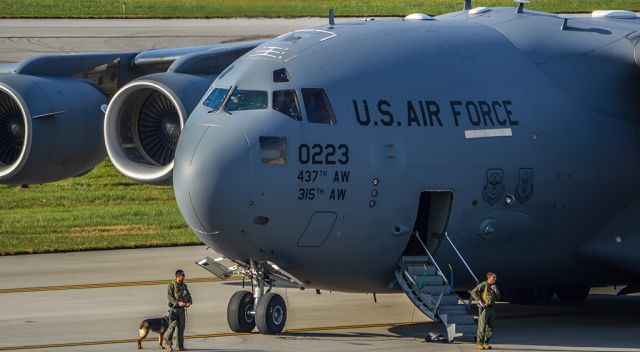 Boeing Globemaster III (10-0223) - Guard dog and handler patrolling the aircraft during loading.