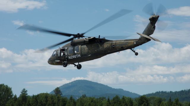 Sikorsky S-70 (N290TH) - A newly civilian H60 departs Sandpoint airport.