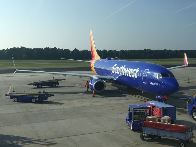 Boeing 737-800 (N8642E) - Southwests "Heart One" parked at RDU on August 17, 2018.