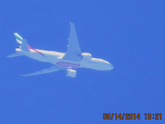 BOEING 777-200LR (A6-EWI) - Emirates flight 222 from Dallas to Dubai over Southeastern Kansas at 31,000 feet.