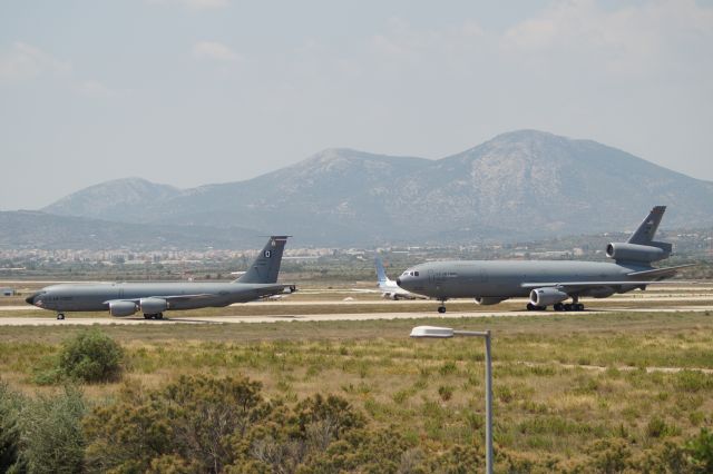 Boeing KC-135A Stratotanker (57-1493) - Two very rare visitors in Athens. USAF KC10 & KC135 sunbathing under Greeces hot sun