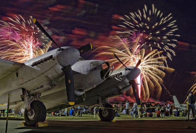 De Havilland Mosquito (N35MK) - Fireworks at AirVenture 2015 in Oshkosh, Wisconsin. This Mosquito is owned by Kermit Weeks and is on long-term loan to the EAA Aviation Museum.