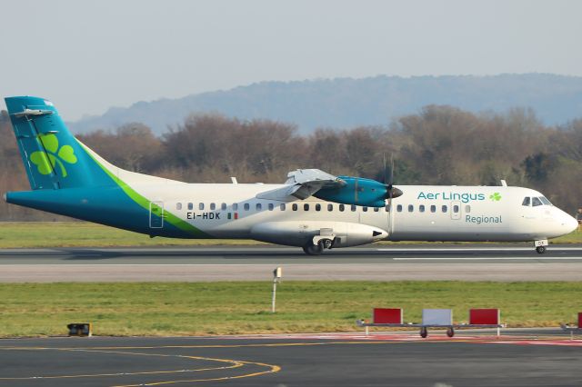 Aerospatiale ATR-72-600 (EI-HDK) - EI-HDK Aer Lingus Regional (operated by Emerald Airlines) ATR72 landing in Manchester on flight EI3326 from Dublin at 16:21 on Wednesday 19/03/25