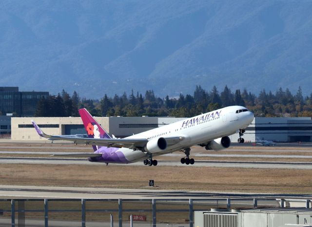 BOEING 767-200 (N590HA) - KSJC - Sept 16, 2018_Boeing 767-300 departing 30R for Hawaii - this will probably be the last Hawaiian 767 photo Ill have taken as I do not live near San Jose anymore. I spent many years photographing and videotaping airliners at San Jose from the late 1960s till about 2010. As Hawaiian removes the 767 slowly from its fleet - this will be one on my last 767 shots at San Jose - Aloha!