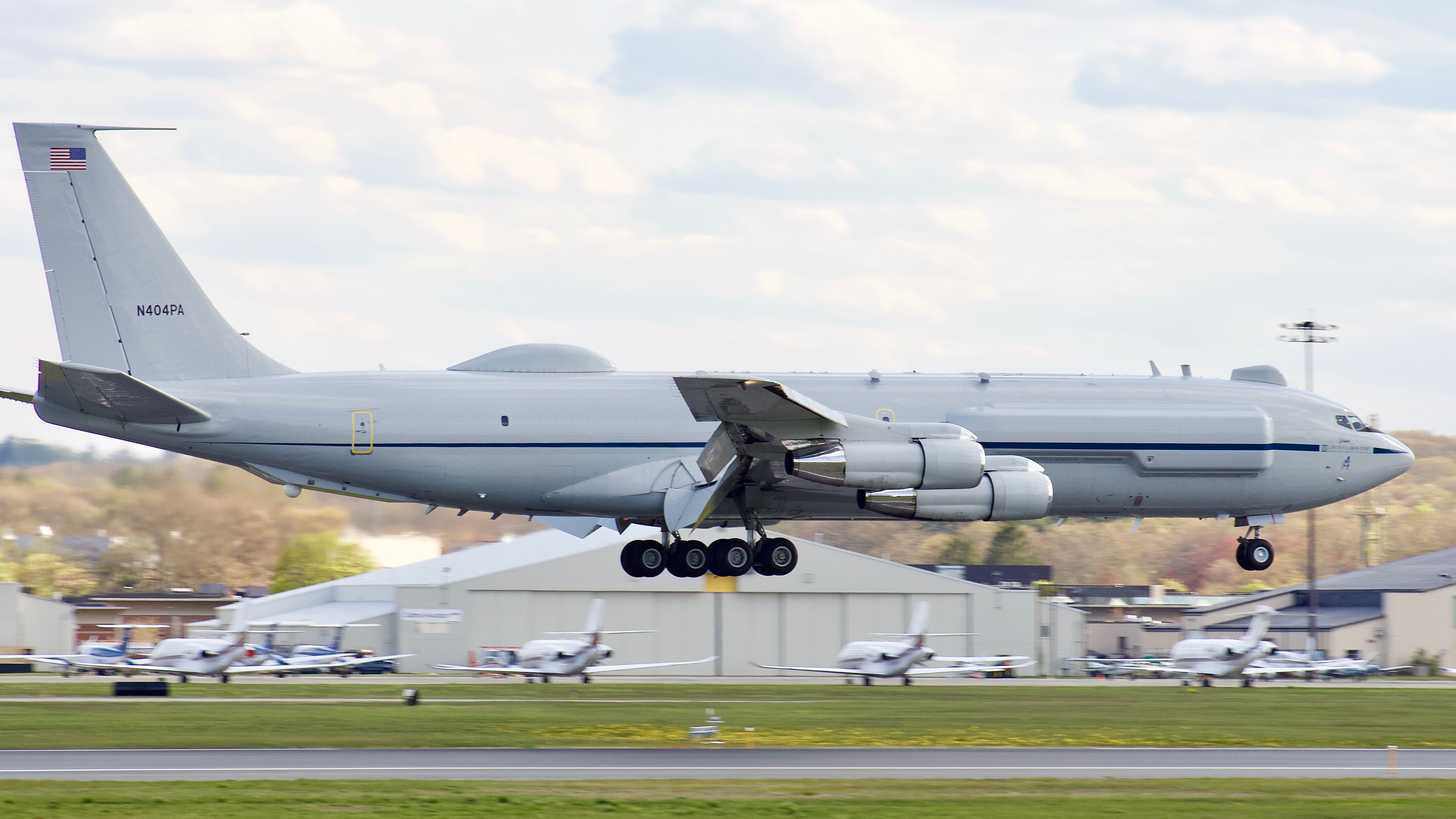 Boeing 707-300 (N404PA) - (5/10/2020) The MIT Lincoln Labs/ USAF 1965 BOEING 707-321B touches down on runway 29 at KBED.  Recently renamed "Sashambre" from it's previous name Hannah, It is one of the last 707's with P & W JT3D-3B in service as the KC-135's have been converted to CFM-56's. 