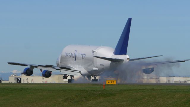 Boeing Dreamlifter (N718BA) - GTI4356 from KCHS makes tire smoke landing on Rwy 34L on 2/23/16. (ln 932 / cn 27042).