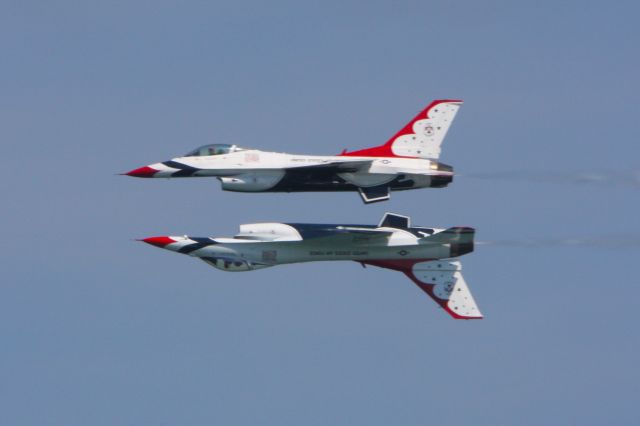 — — - The Thunderbirds flying mirror image at the Ocean City Air Show in Ocean City Maryland on June 9, 2012.