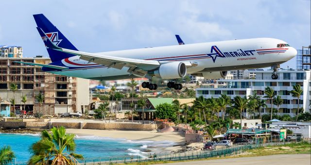 BOEING 767-300 (N378CX) - Amerijet International over maho beach for landing at TNCM St Maarten with their recently acquired Boeing 767 them wing let or tips OMG.br /Amerijet delivering your packages when ever and were ever you needs them!