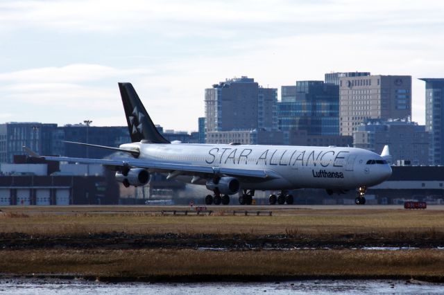 Airbus A340-300 (D-AIFF) - Lufthansa A340-300 in Star Alliance livery arriving to BOS from FRA on 1/9/21.