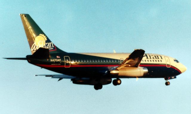 Boeing 737-200 (N470AT) - Air Tran B737-200 on approach to Boston Logan Airport's runway 22L on 09/25/97.