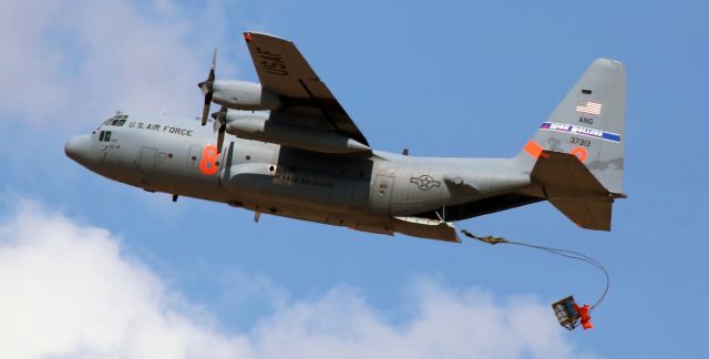 Lockheed C-130 Hercules (93-7313) - "Roller One Tree," a Nevada Air Guard C-130H (152nd AW) with temporary high vis identifiers indicating that it is MAFFS equipped, makes a practice drop.  