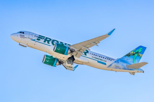 Airbus A320neo (N380FR) - A Frontier Airlines A320 neo "Verde the Resplendent Quetzal" taking off from PHX on 2/9/23 during the Super Bowl rush. Taken with a Canon R7 and Tamron 70-200 G2 lens.