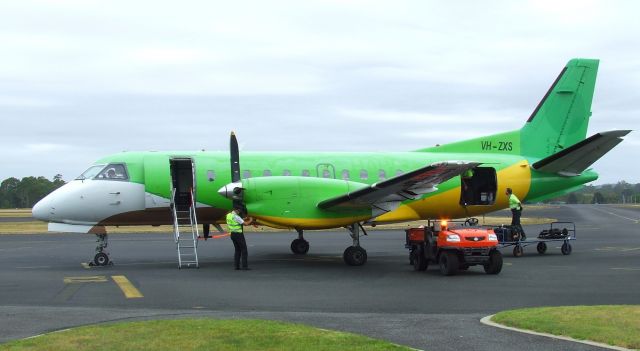 Saab 340 (VH-ZXS) - Rare Adelaide-based visitor to Wynyard, Tasmania. 10 February 2015. Former HS-GBB, VH-XRX, PH-KSC. If you like green aircaft, this is the one for you.