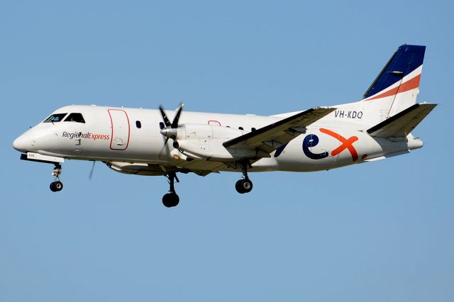 Saab 340 (VH-KDQ) - On short finals for runway 05. Wednesday, 21st May 2014.