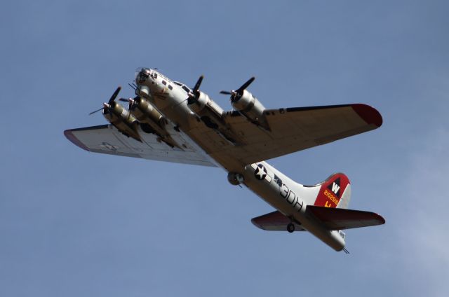 Boeing B-17 Flying Fortress (N5017N) - The EAAs Boeing B-17G Flying Fortress "Aluminum Overcast" crossing overhead Folsom Field, Cullman Regional Airport, AL - November 5, 2016. 