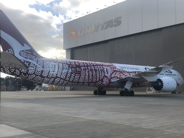 Boeing 787-8 (VH-ZND) - This plane is named “Emily Kame Kngwarreye”, an aboriginal artist. Pictured at Qantas Hangar 3 at BNE.