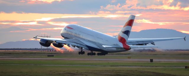 Airbus A380-800 (G-XLEB) - British Airways Airbus A380 G-XLEB sunset departure at YVR for LHR with afterburners selected ;)