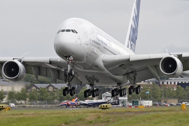 Airbus A380-800 (F-WWDD) - 'Double Decker Lady' close to touch-down at Farnborough International Airshow 13.7.2012.